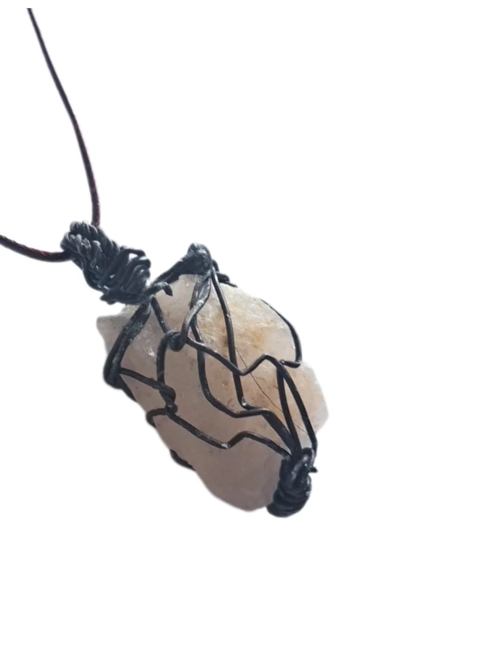 Light Pink Quartz Stone Pendant with Black Wire & Brown Cord Necklace NWOT
